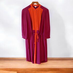 Fossil Rebecca Silk Shirtdress M Maroon Burgundy Colorblock Tie Waist